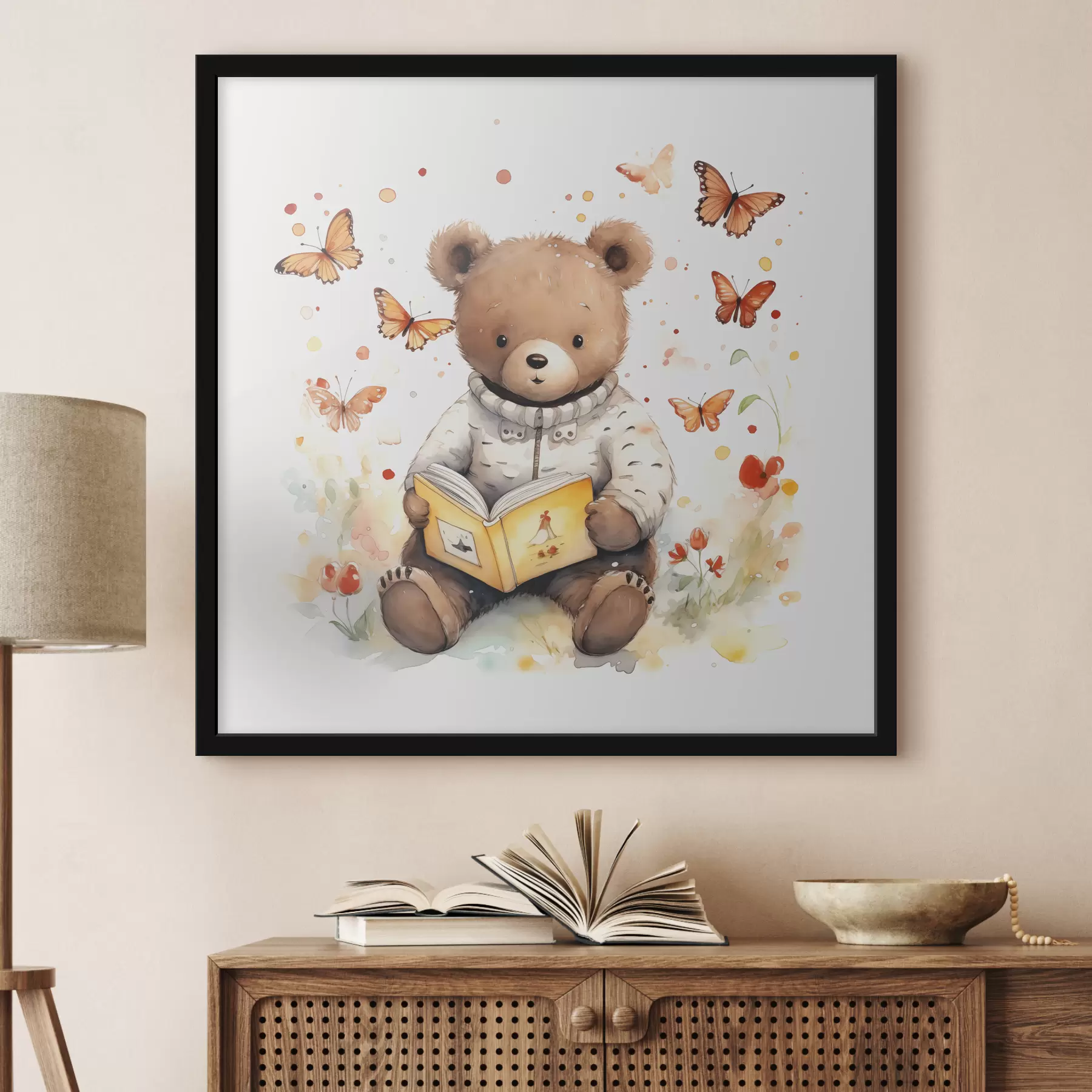 Fotobehang Een bruine beer in een trui leest een boek omringd door waterverf vlinders f39025