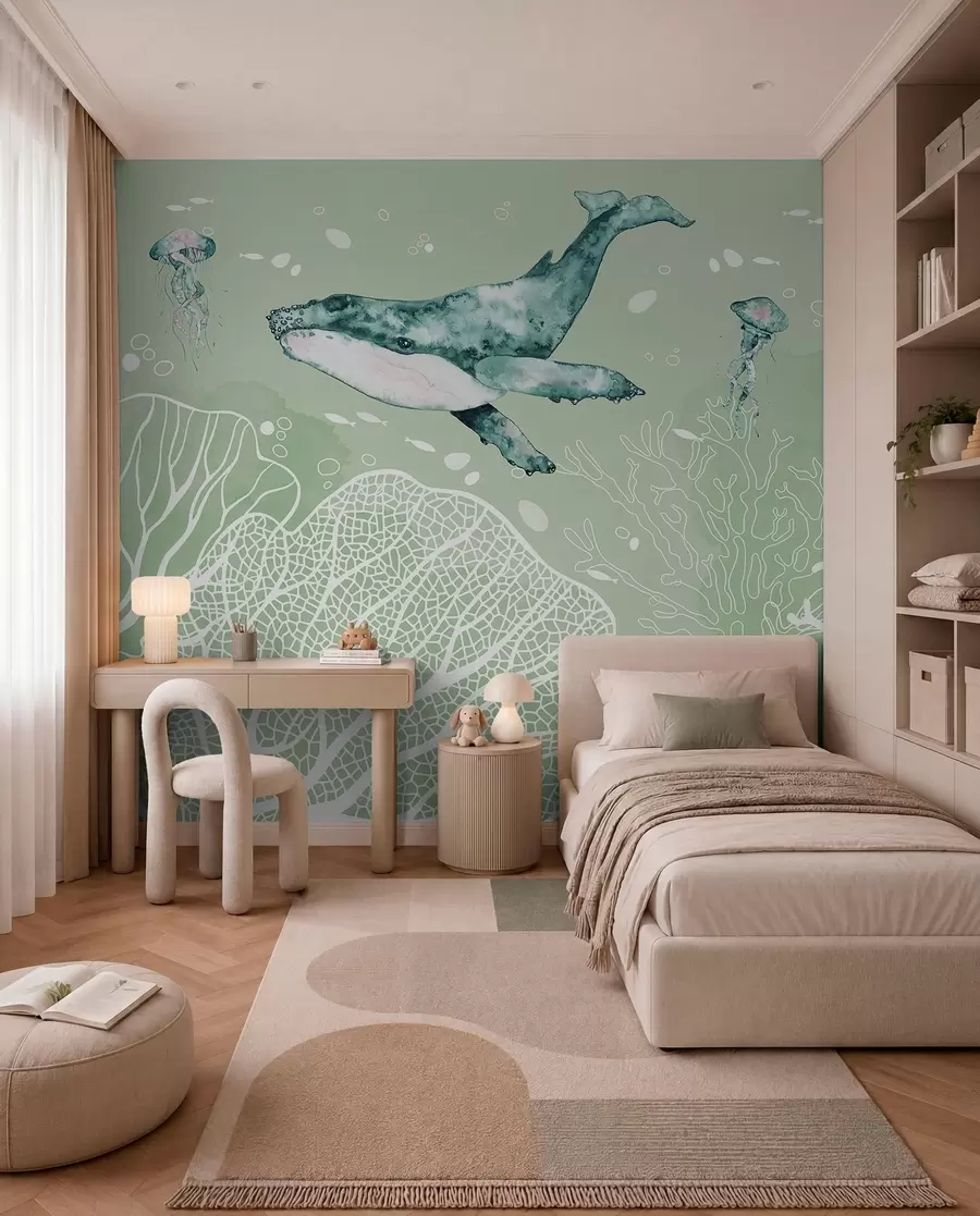 Fotobehang Walvis in de zee, aquarel, koralen, kwallen, zeeleven, groene kleuren w00848v3