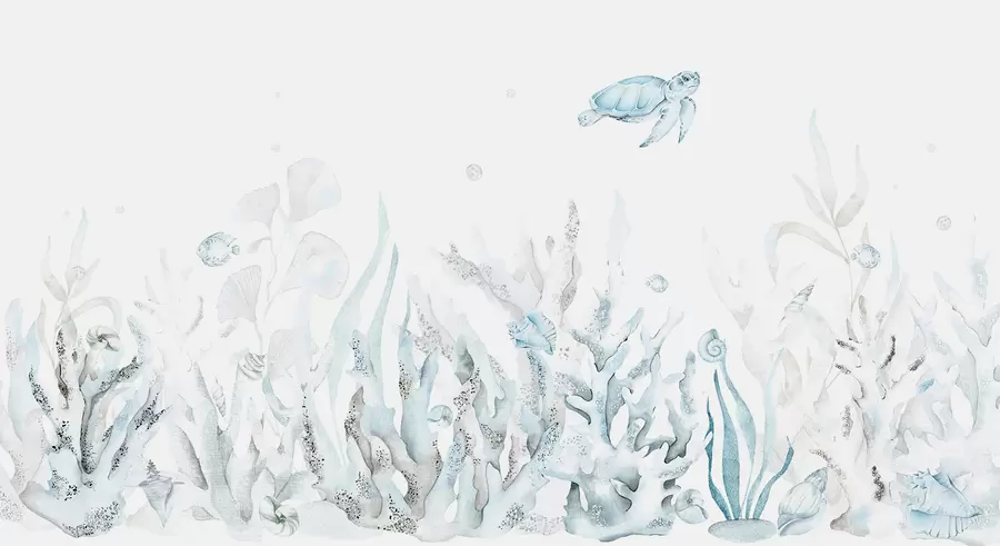 Fotobehang Aquarel zeekoralen, schelpen, schildpadden, zeeleven, zachte blauwe kleuren w00849