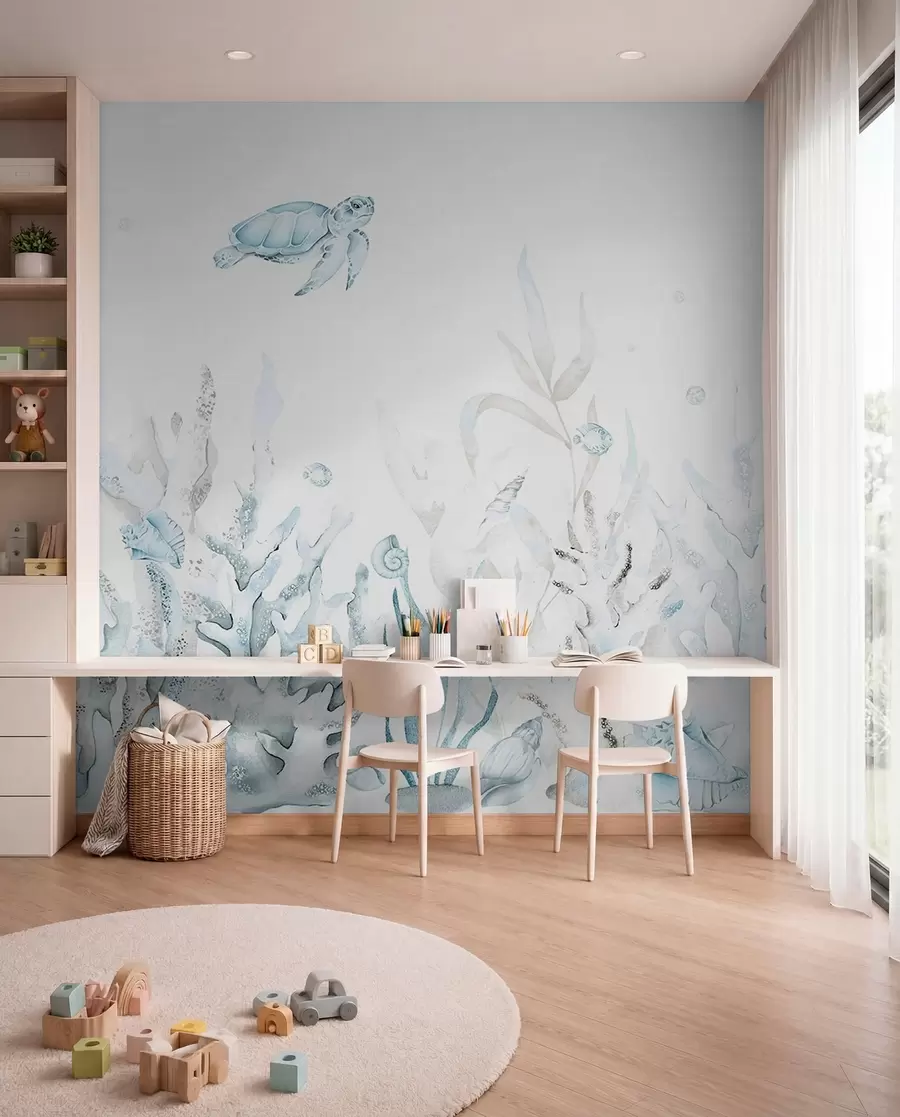 Fotobehang Aquarel zeekoralen, schelpen, schildpadden, zeeleven, zachte blauwe kleuren w00849