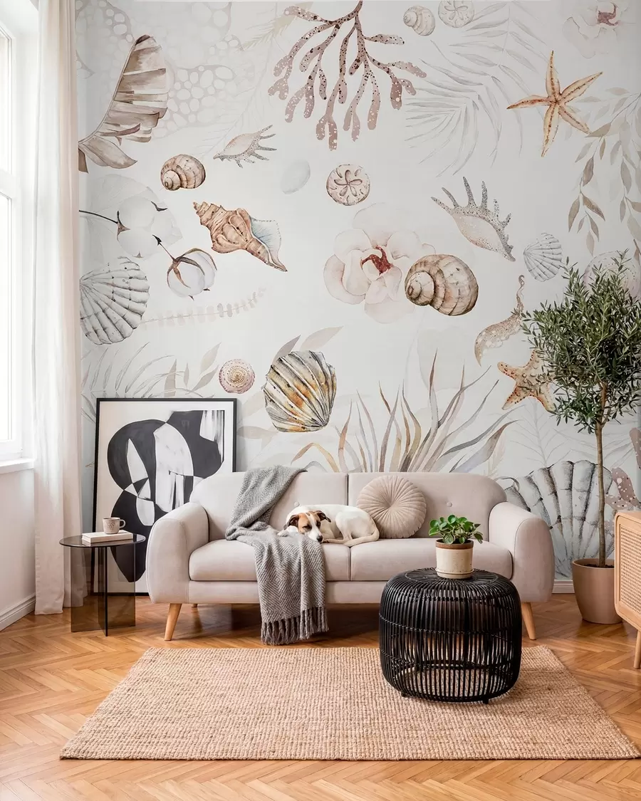 Fotobehang Waterverf marien patroon, boho-stijl, schelpen, koralen, katoen, beige kleuren w00851