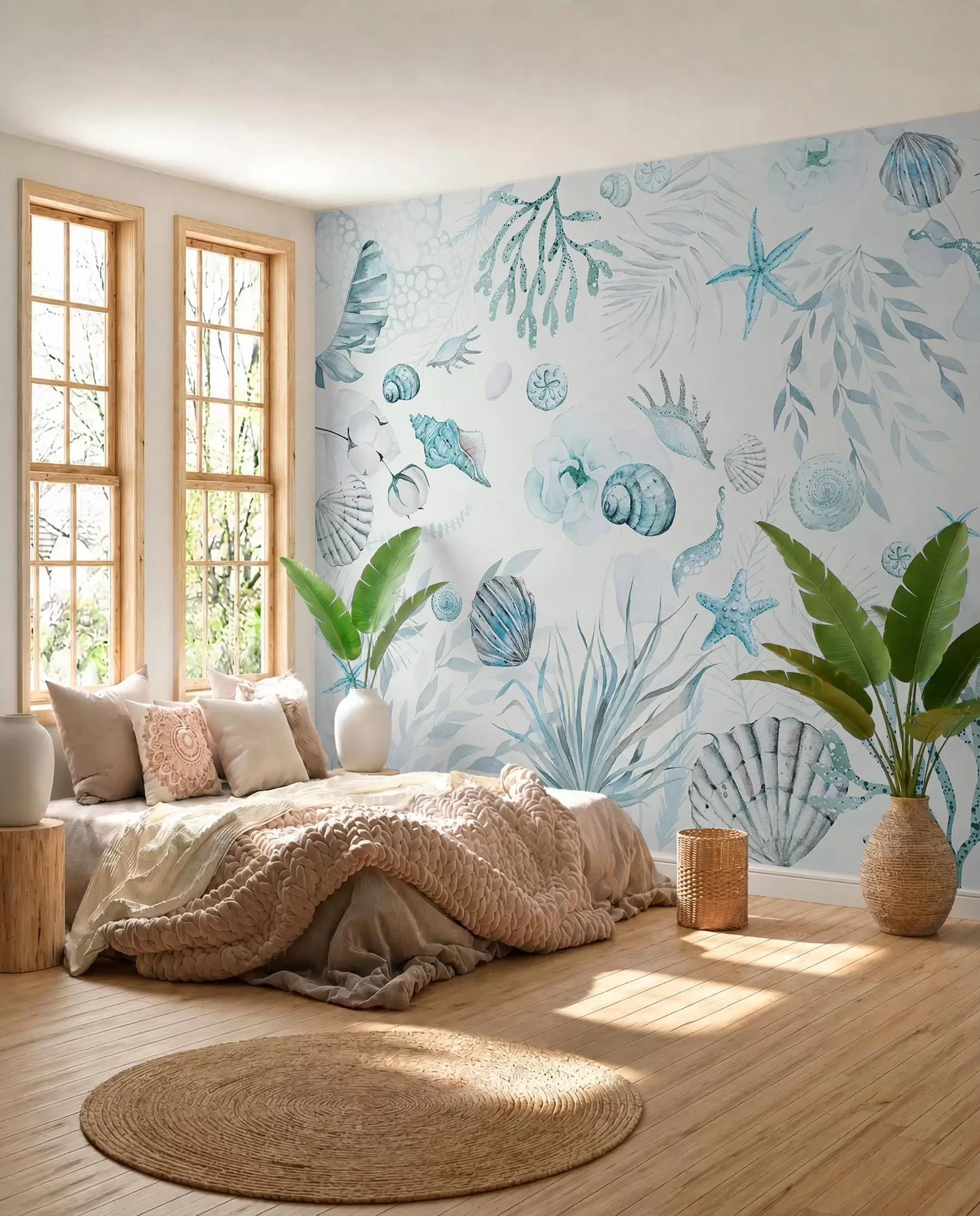 Fotobehang Waterverf marien patroon, boho-stijl, schelpen, koralen, katoen, blauwe kleuren w00851v1