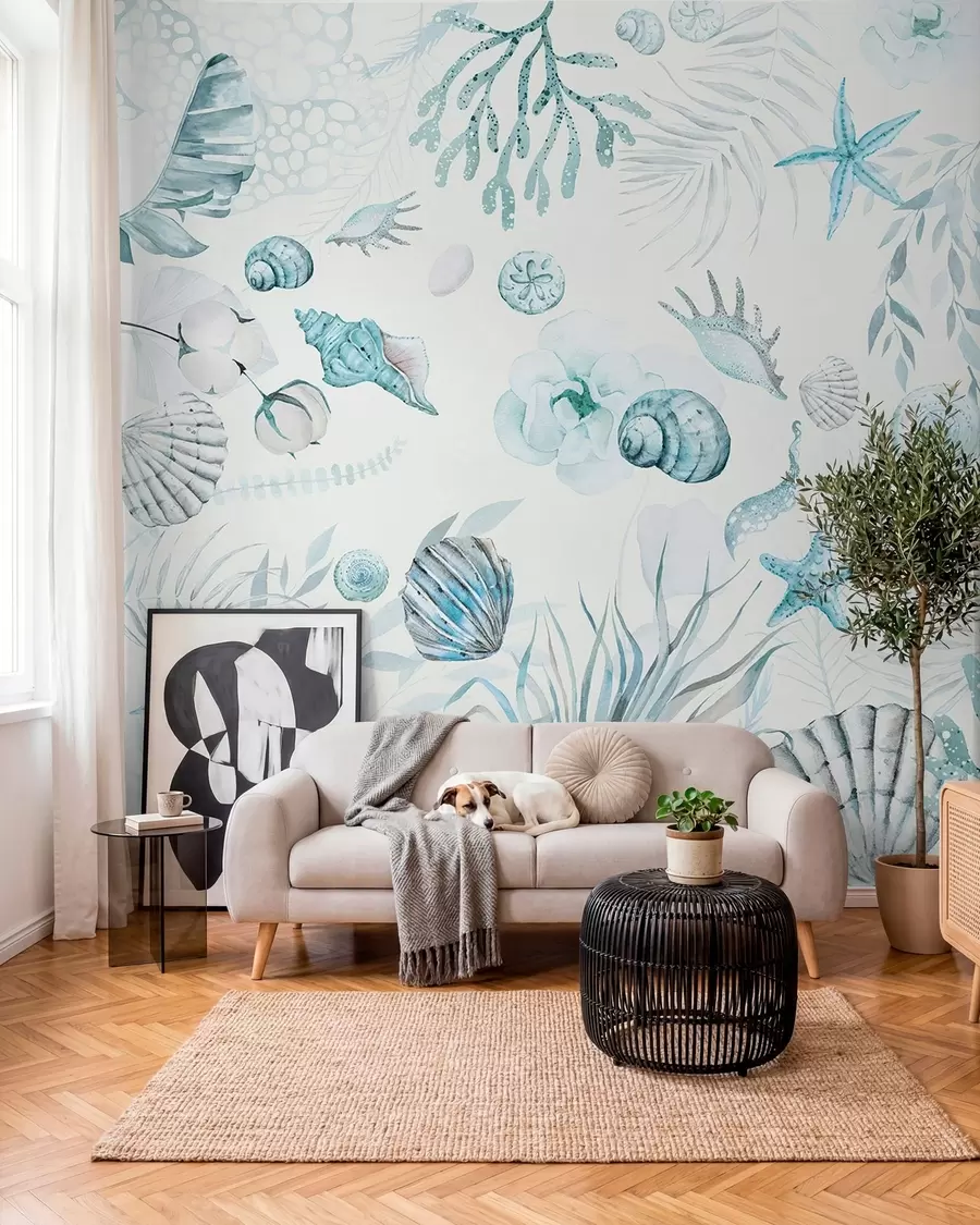 Fotobehang Waterverf marien patroon, boho-stijl, schelpen, koralen, katoen, blauwe kleuren w00851v1