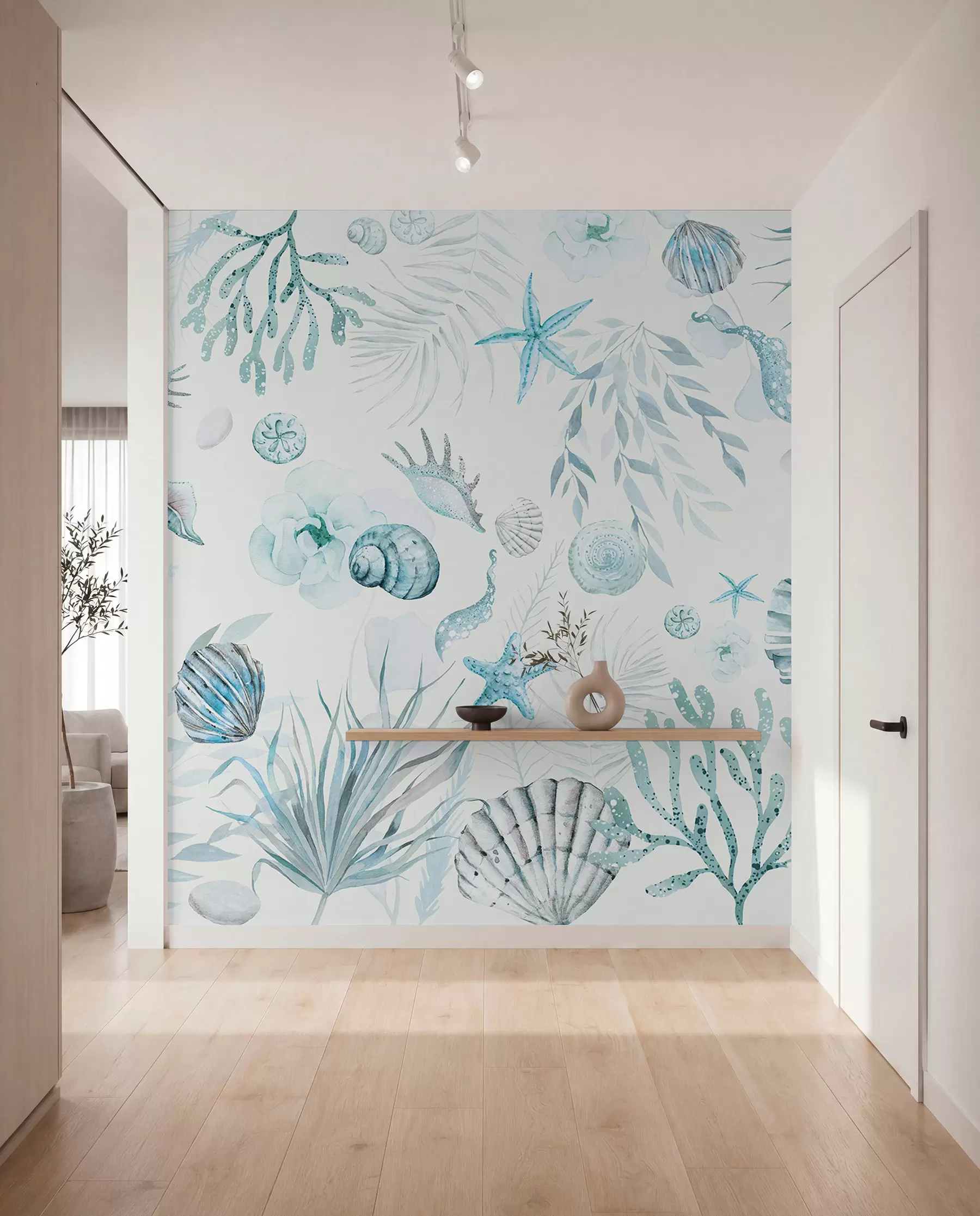 Fotobehang Waterverf marien patroon, boho-stijl, schelpen, koralen, katoen, blauwe kleuren w00851v1