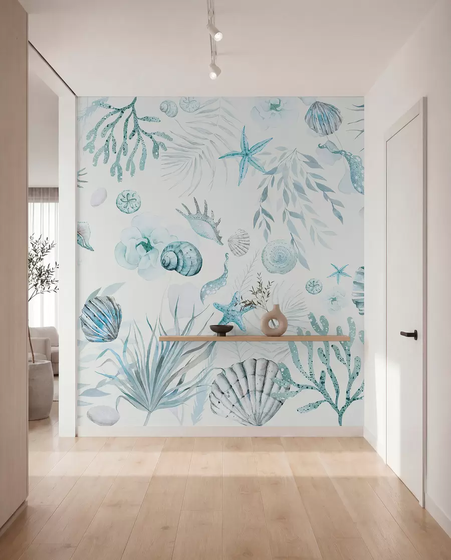 Papier peint photo Motif marin aquarelle, style bohème, coquillages, coraux, coton, coloris bleus w00851v1