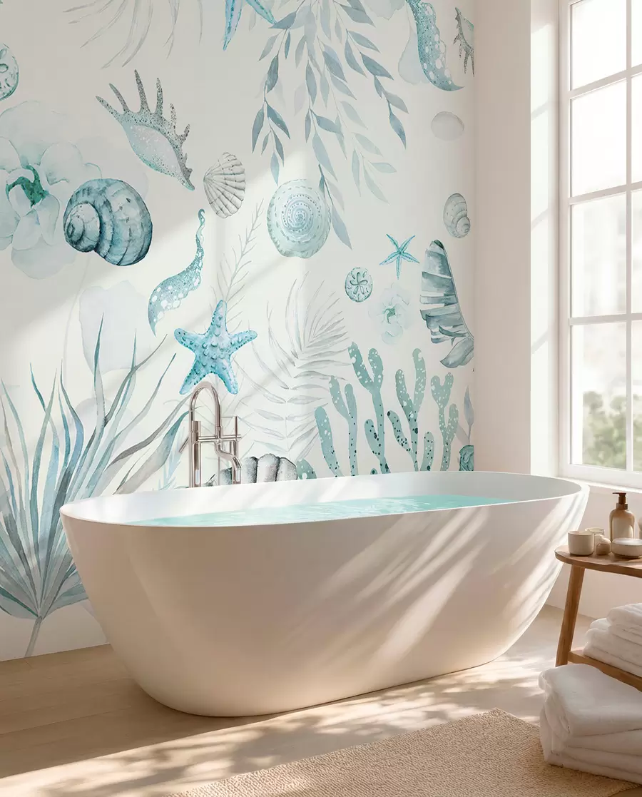 Fotobehang Waterverf marien patroon, boho-stijl, schelpen, koralen, katoen, blauwe kleuren w00851v1