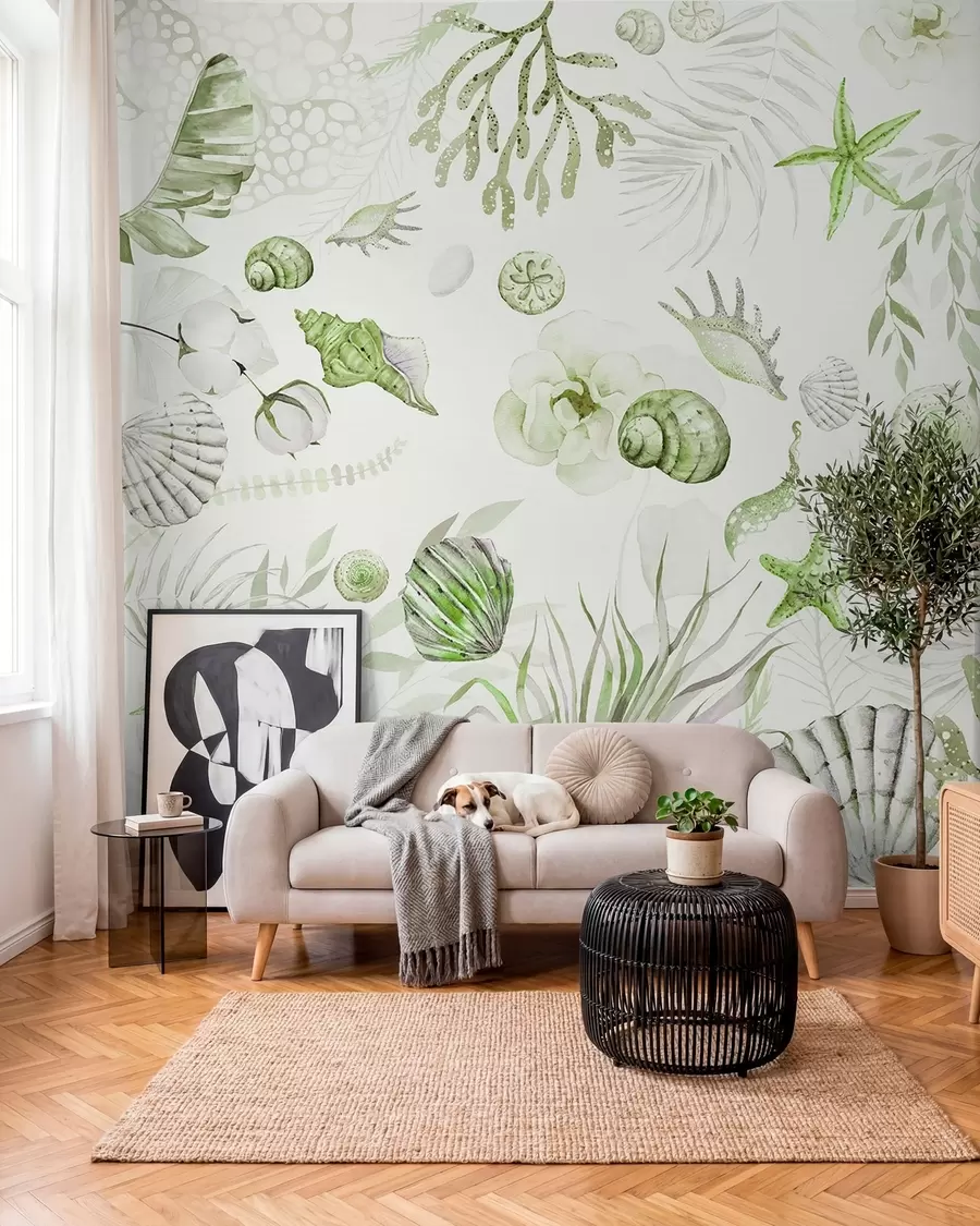 Fotobehang Waterverf marien patroon, boho-stijl, schelpen, koralen, katoen, groene kleuren w00851v2