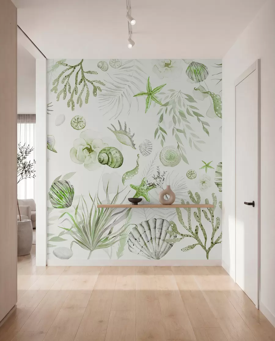 Papier peint photo Motif marin aquarelle, style bohème, coquillages, coraux, coton, couleurs vertes w00851v2