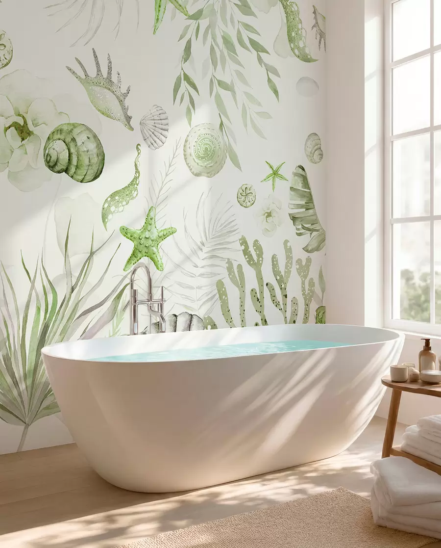 Fotobehang Waterverf marien patroon, boho-stijl, schelpen, koralen, katoen, groene kleuren w00851v2