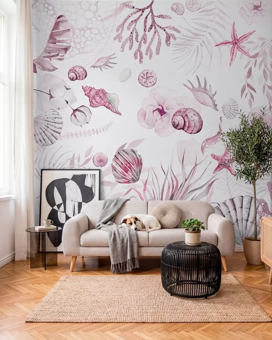 Fotobehang Waterverf marien patroon, boho-stijl, schelpen, koralen, katoen, roze kleuren w00851v3