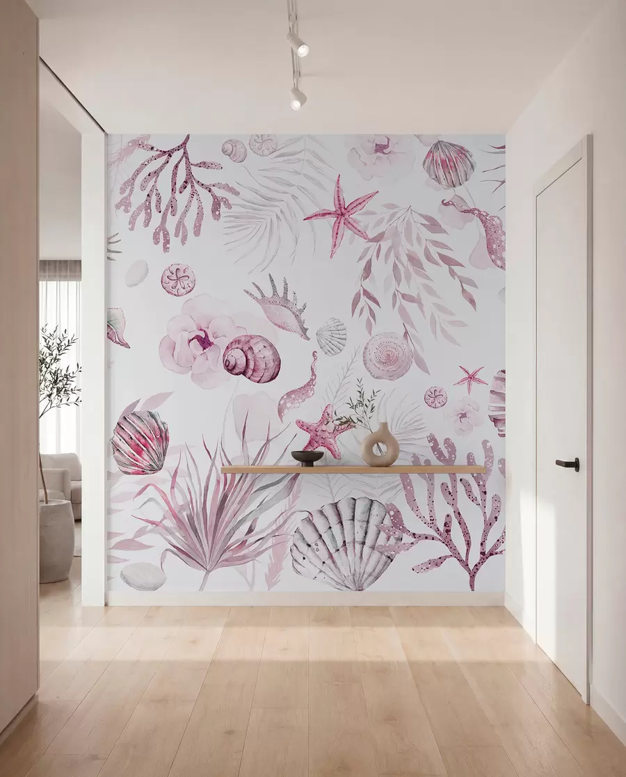 Fotobehang Waterverf marien patroon, boho-stijl, schelpen, koralen, katoen, roze kleuren w00851v3