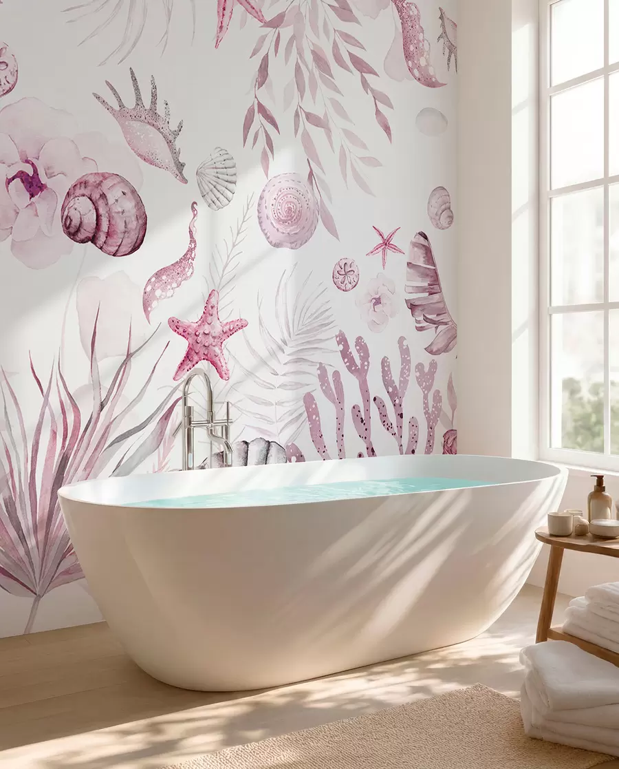 Fotobehang Waterverf marien patroon, boho-stijl, schelpen, koralen, katoen, roze kleuren w00851v3