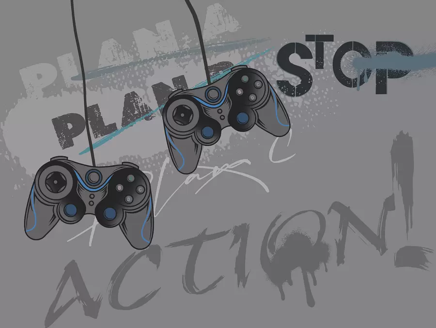 Fotobehang Kinderbehang voor tieners met joysticks en grafische letters in grijs w00829v1