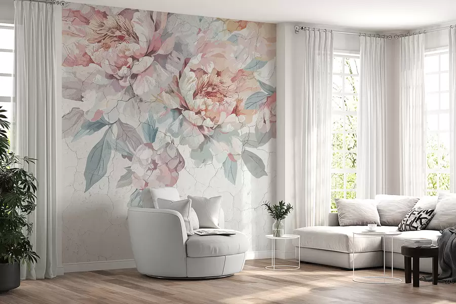 Fotobehang Een boeket van grote, zachte pastelroze en witte pioenrozen met groene bladeren tegen een lichte achtergrond w00896