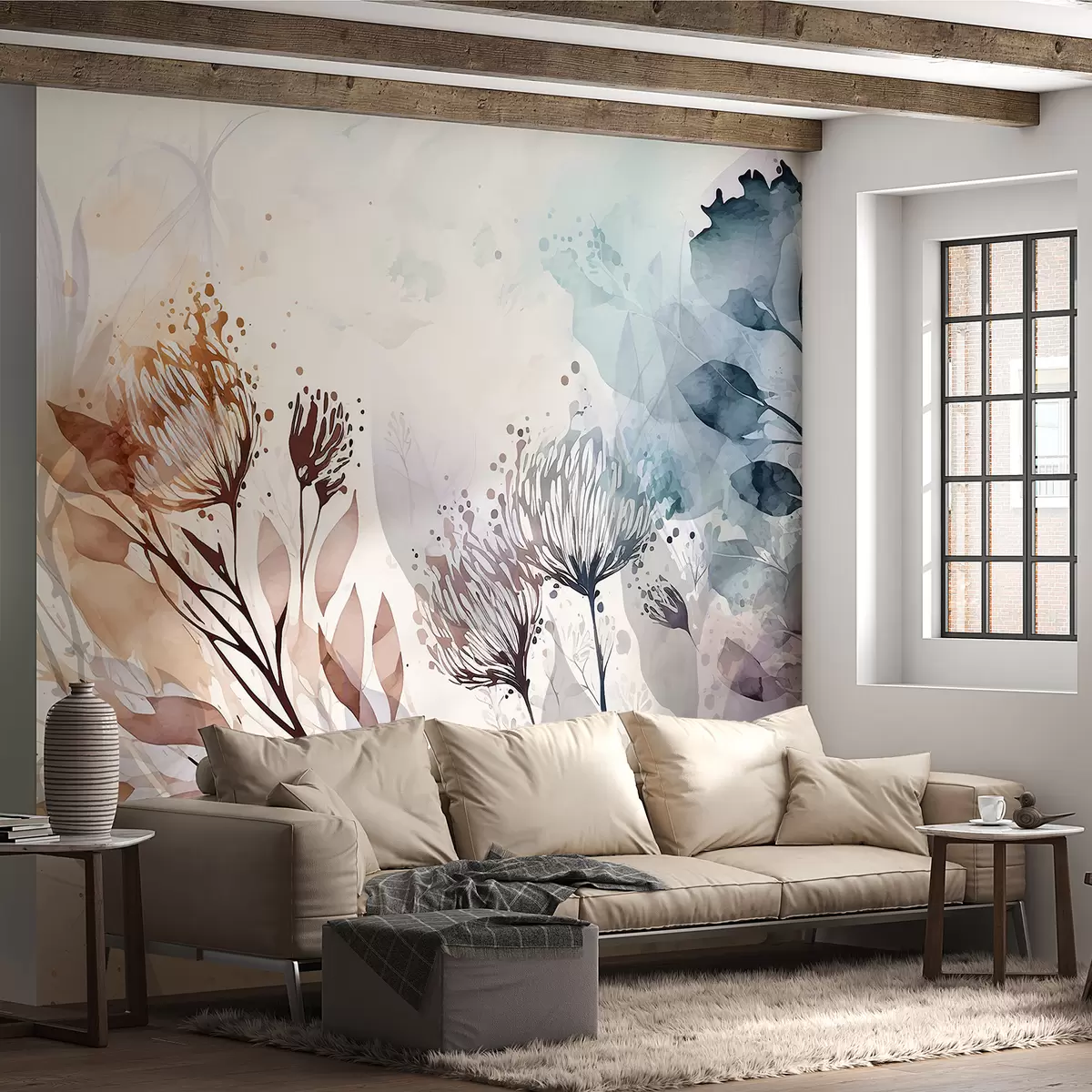 Papier peint photo Résumé floral délicat, fleurs stylisées et éléments de formes végétales dans des tons atténués et terreux, aquarelle w00898