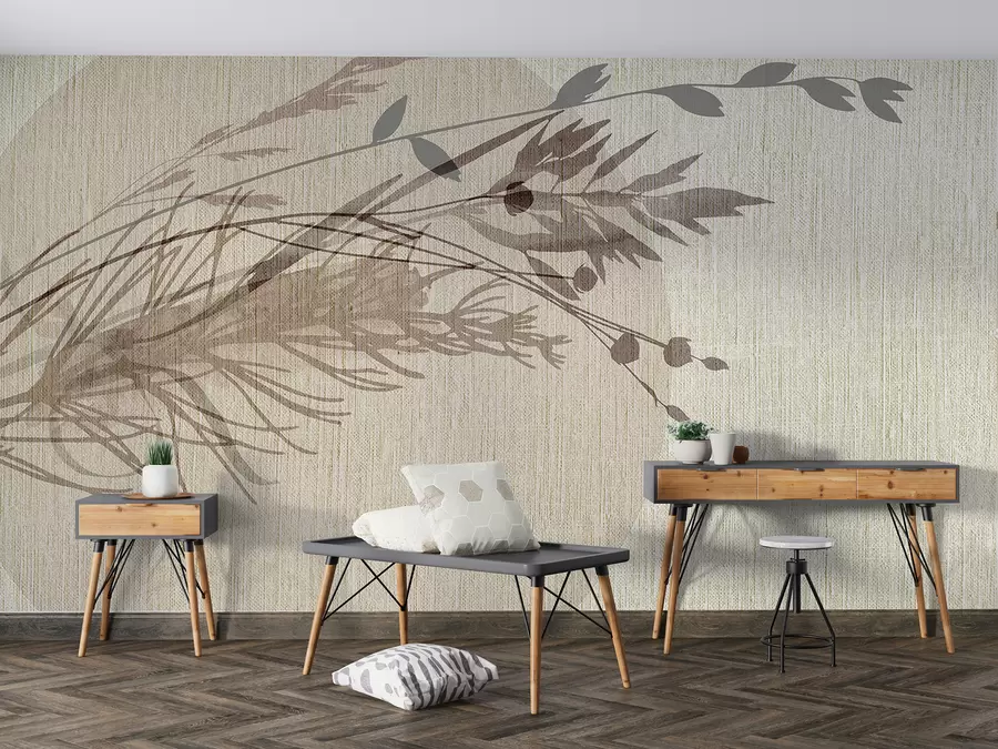 Fotobehang Een minimalistische illustratie van een ronde vorm met abstracte plantachtige elementen in gedempte aardetinten w00902
