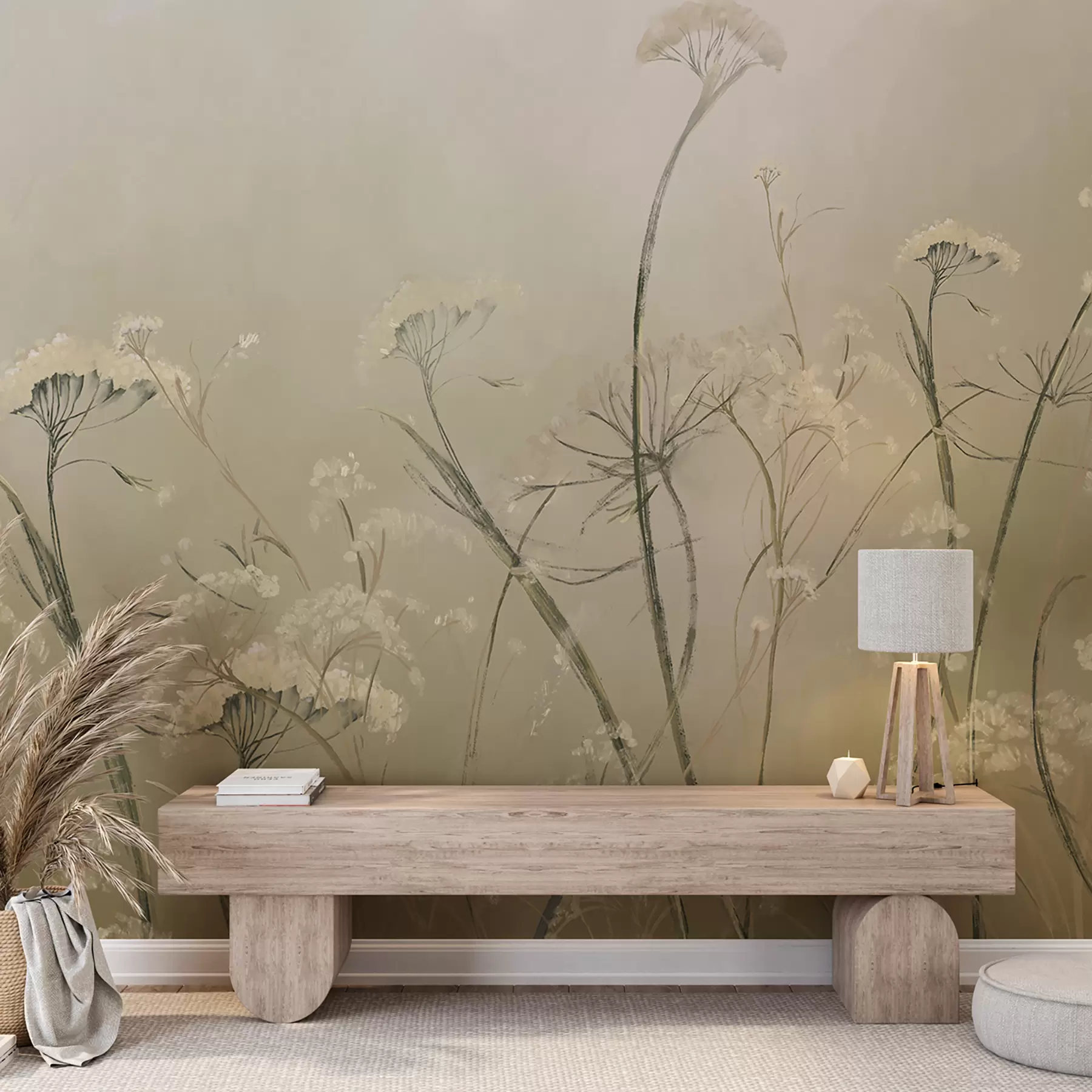 Fotobehang Witte wilde bloemen in een mistig veld met zachte, wazige sepia achtergrond w00903v1