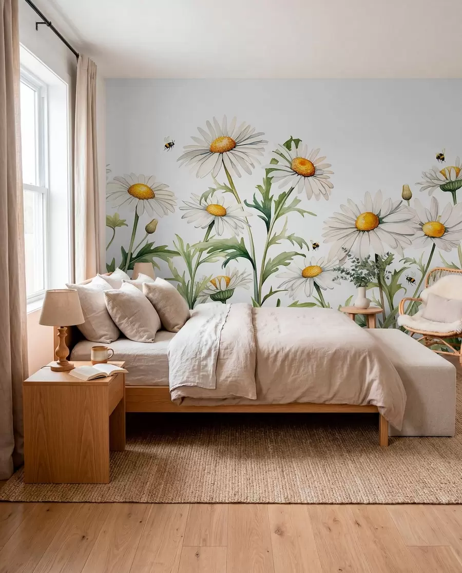 Papier peint photo Marguerites blanches en fleurs, abeilles volant illustration de plante aquarelle, couleur verte, blanche, jaune w01176