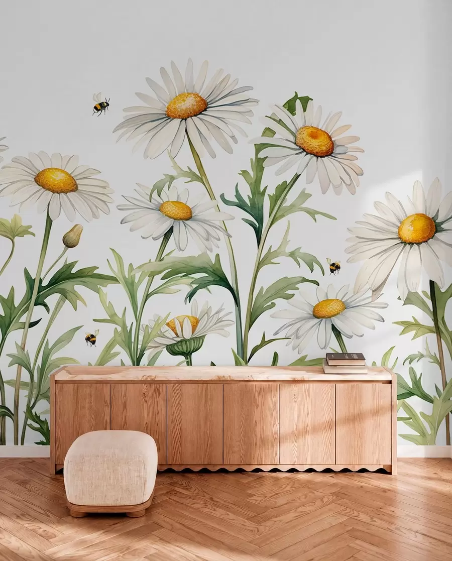Fotobehang Witte madeliefjes bloeien, bijen vliegen aquarel plant illustratie, groene, witte, gele kleur w01176