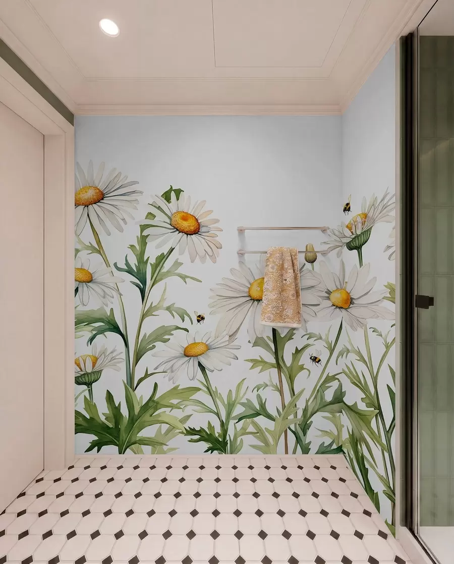 Fotobehang Witte madeliefjes bloeien, bijen vliegen aquarel plant illustratie, groene, witte, gele kleur w01176