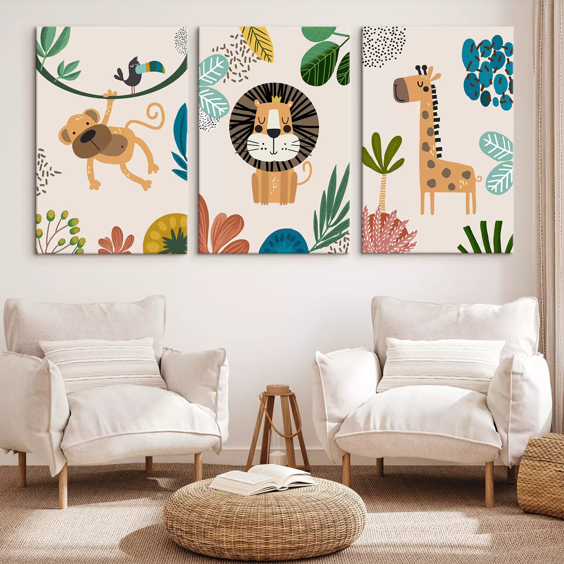  Peintures Animaux dans la jungle dans le style du safari, boho : singe, lion, girafe m00332