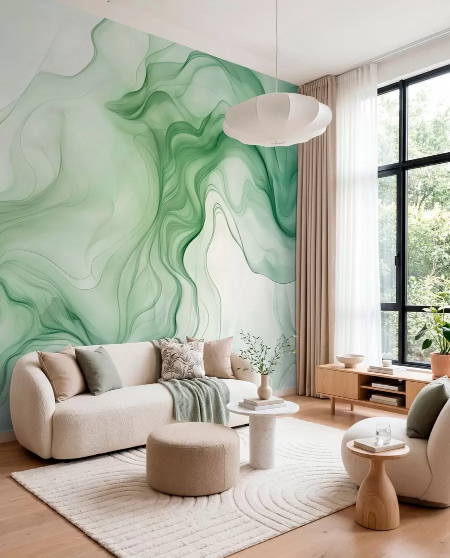 Fotobehang Groene abstracte golven op een lichte achtergrond w01185