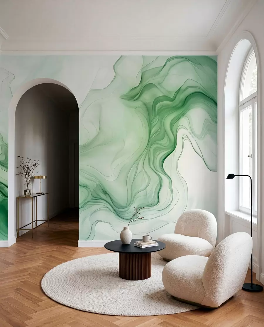 Fotobehang Groene abstracte golven op een lichte achtergrond w01185