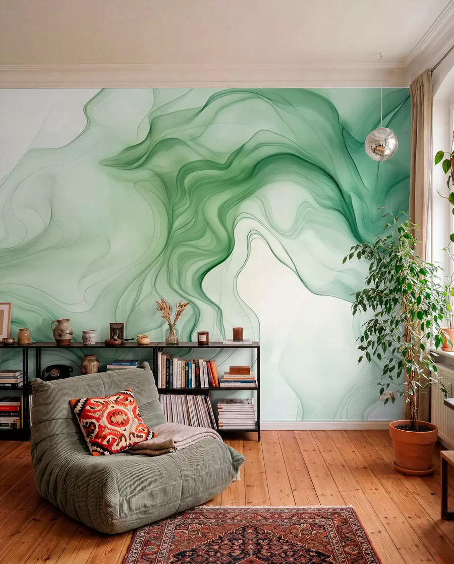 Fotobehang Panoramische groene abstracte golven op een lichte achtergrond w01185d1