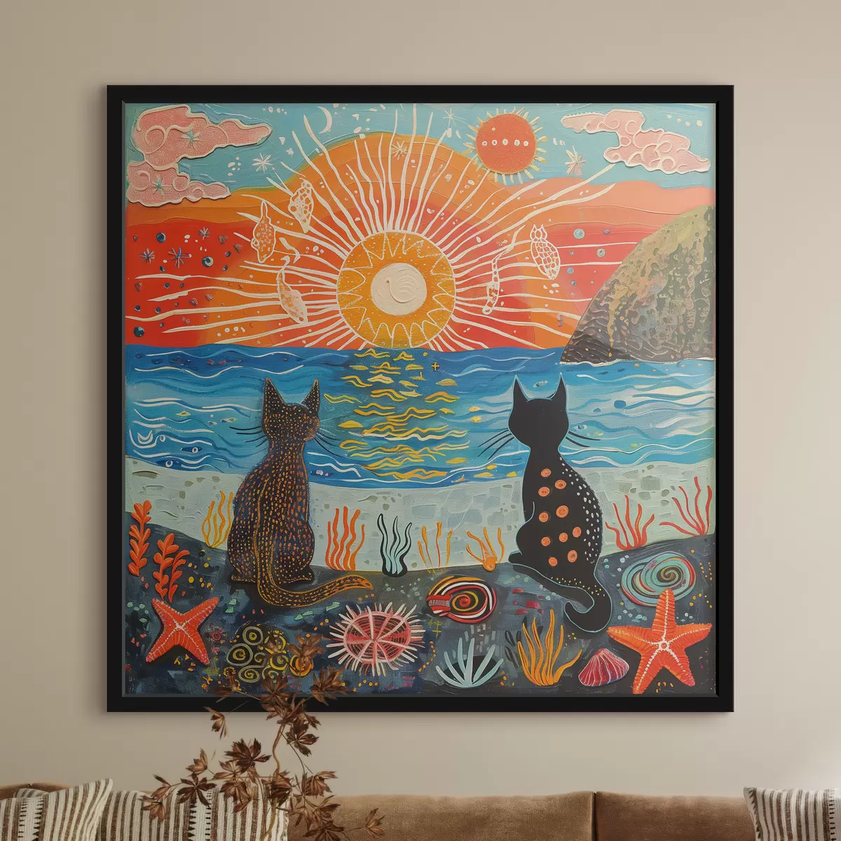 Affiche Deux chats mignons au coucher du soleil f39080