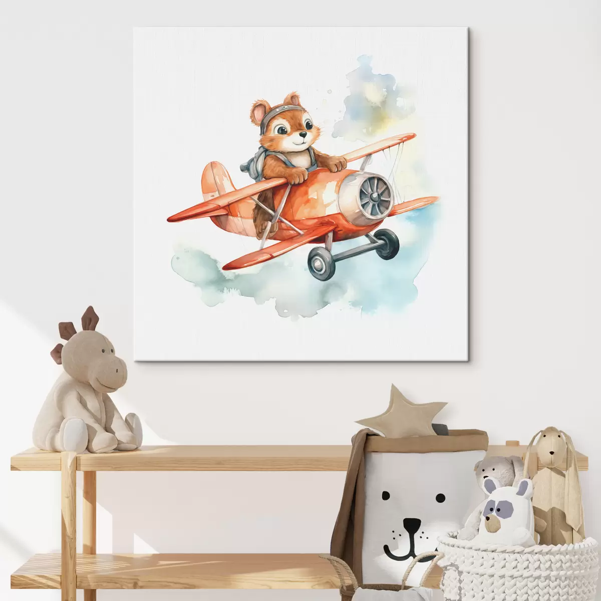  Peintures Bébé écureuil vole dans une aquarelle d'illustration pour enfants d'avion rouge s39116