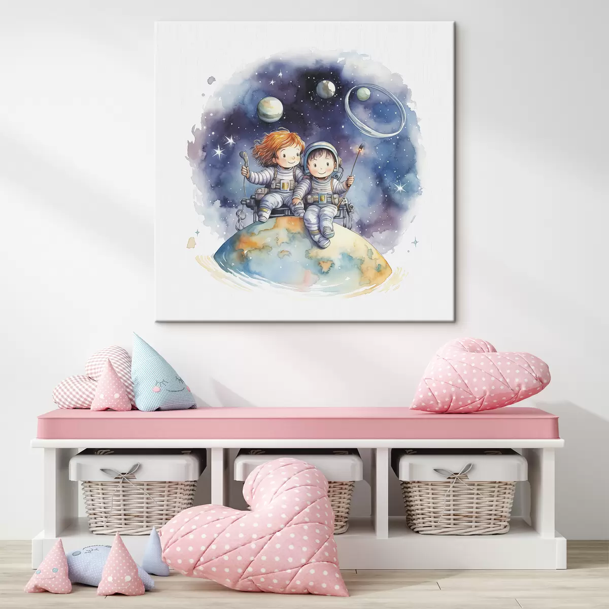  Schilderijen Kinderen in ruimtepakken zitten op een planeet in de ruimte kinder aquarel illustratie s39117