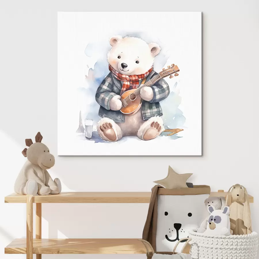  Schilderijen Ijsbeermuzikant in een blauw geruit pak en rode sjaal speelt de aquarelillustratie van de gitaar voor kinderen s39120