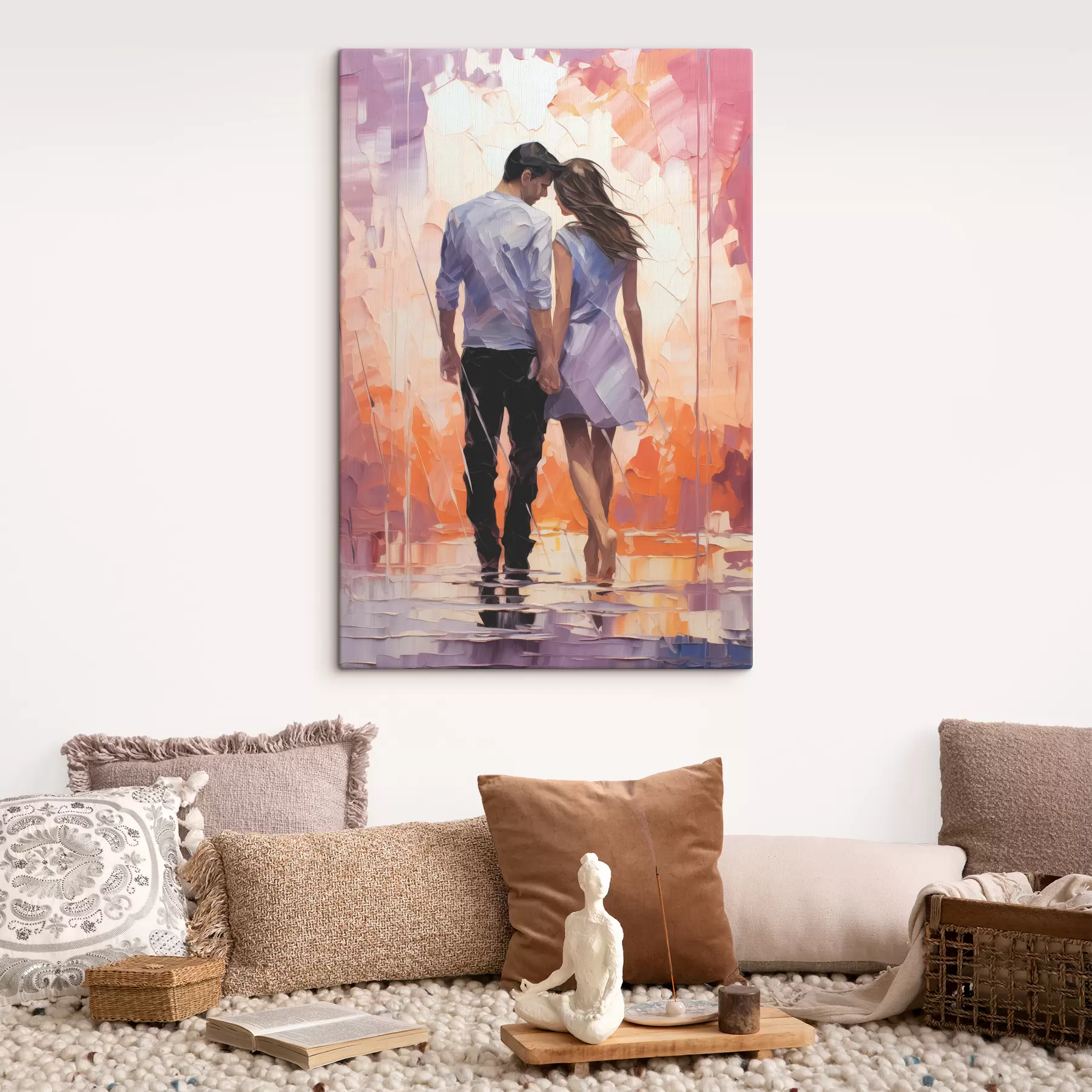 Fotobehang Silhouet van een verliefd stel abstract schilderij, meisje en jongen, roze, oranje, paarse, zwarte kleur s39124