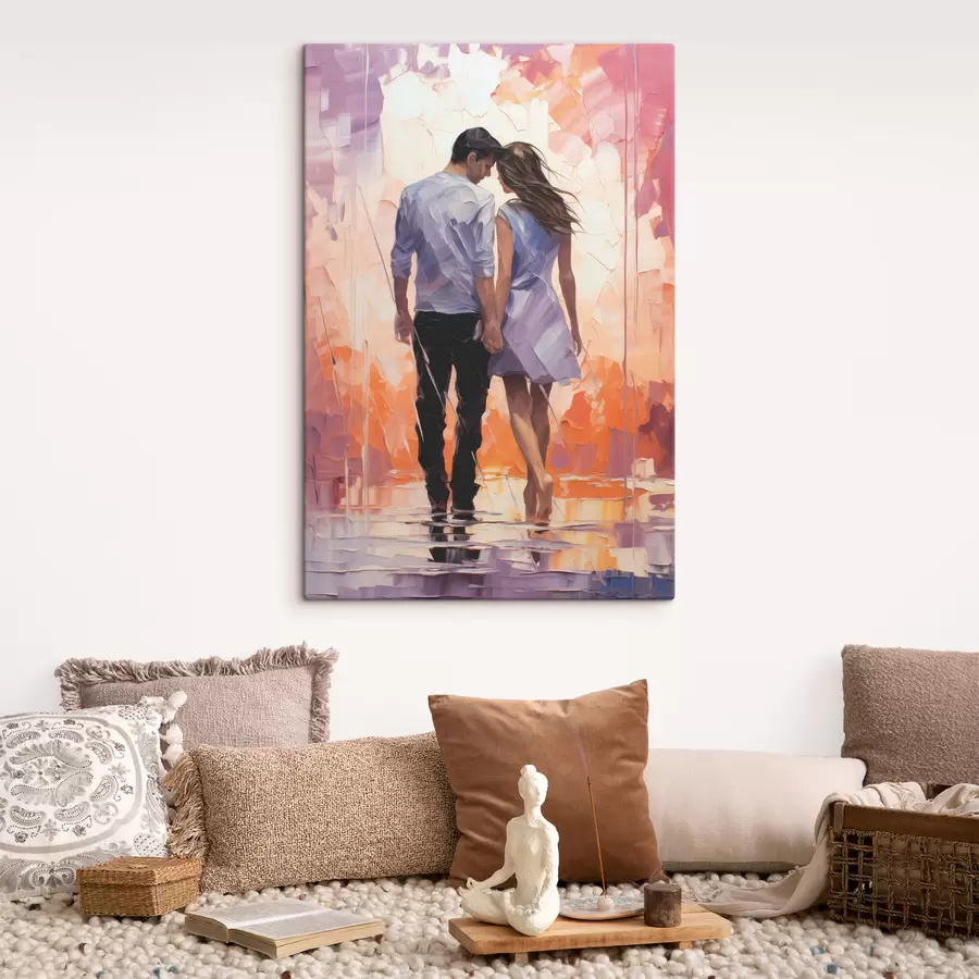  Peintures Silhouette d'un couple amoureux peinture abstraite, fille et gars, couleur rose, orange, violet, noir s39124