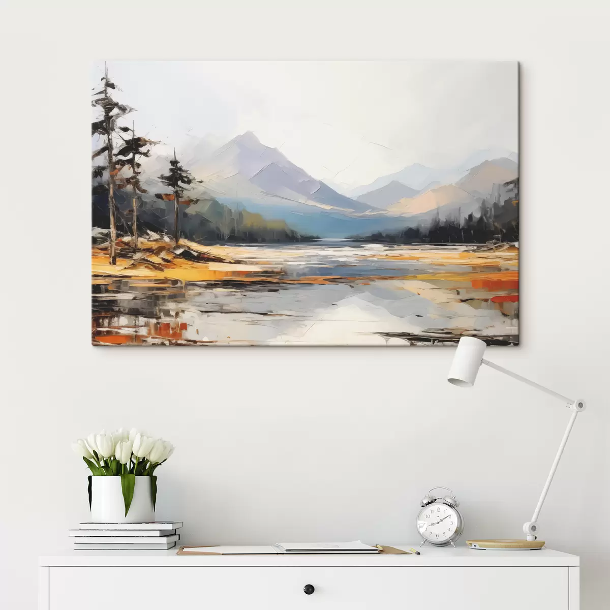  Peintures Chaînes de montagnes dans la peinture à l'huile de la vallée, paysage, nature, bleu, couleur jaune blanc s39128