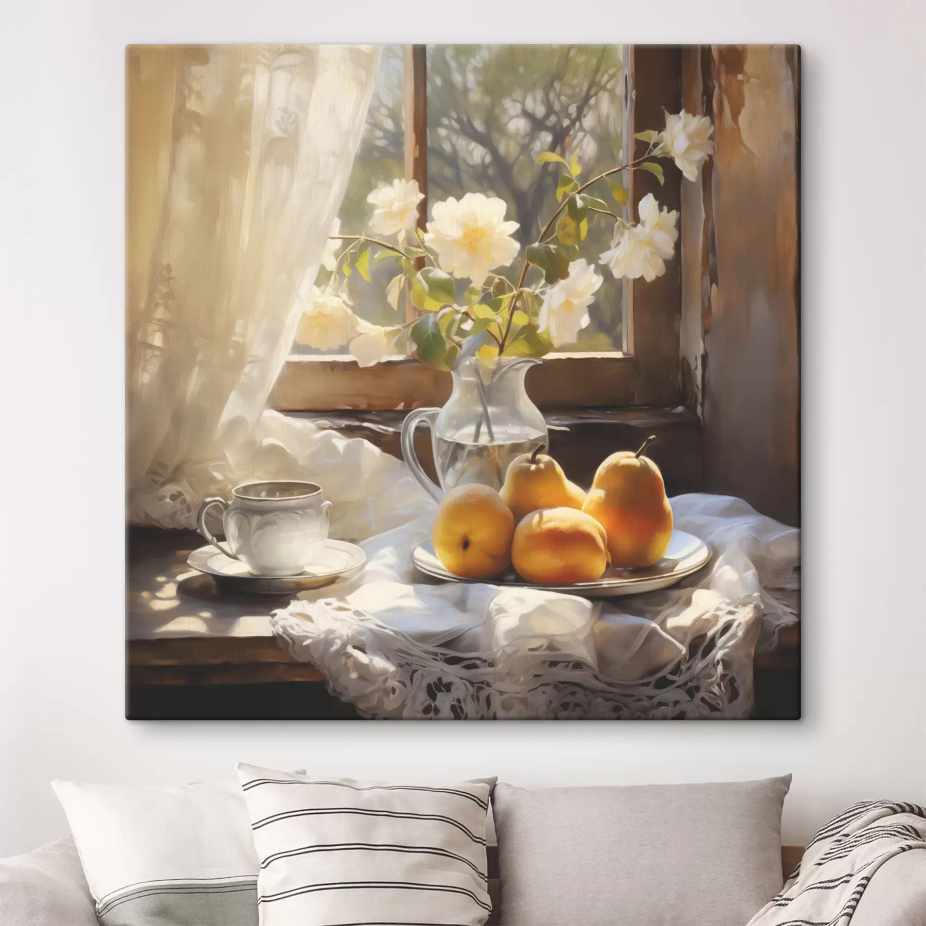  Schilderijen Rustiek stilleven van gele rijpe peren op een bord op een tafel bij het raam, witte rozen in een glazen kan, witte kanten gordijnen s39129