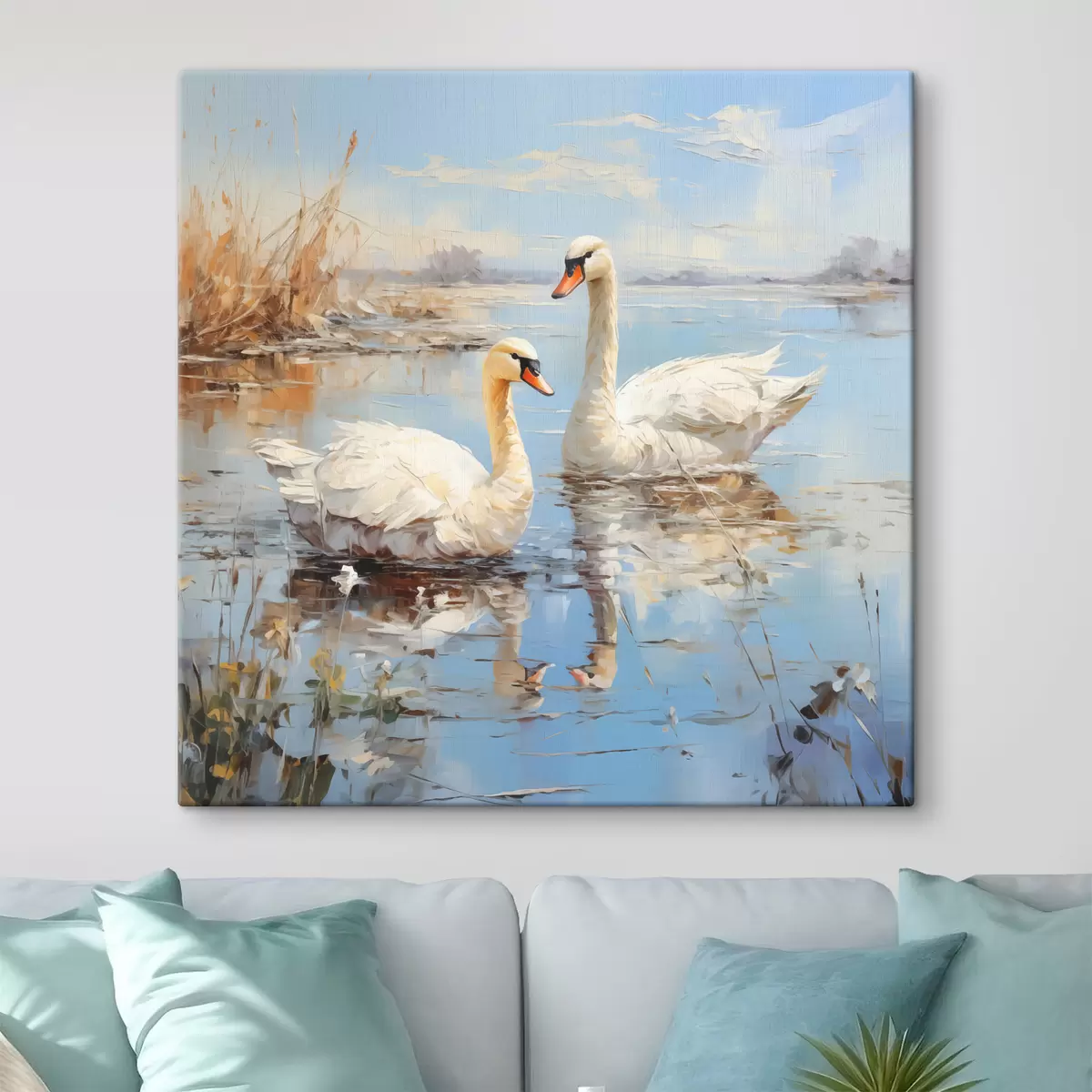  Peintures Les oies blanches nagent le long de la rivière parmi les roseaux, de couleur bleue, blanche et beige s39130