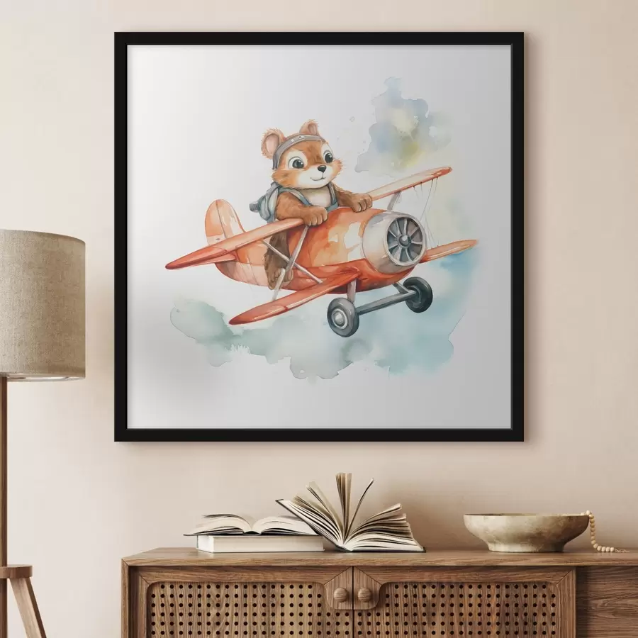 Papier peint photo Un petit écureuil vole dans une illustration aquarelle pour enfants d'un avion rouge f39116