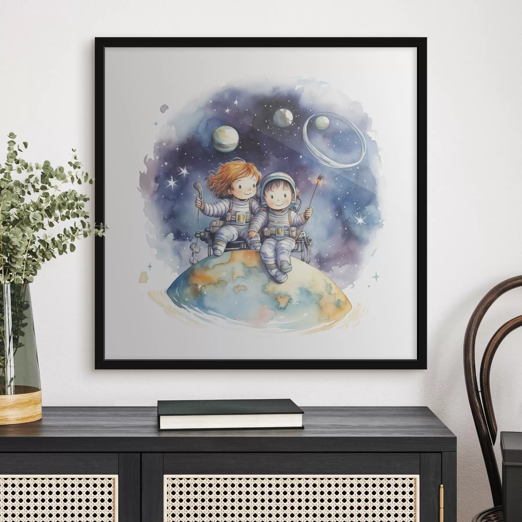 Fotobehang Kinderen in ruimtepakken zitten op een planeet in de ruimte aquarel illustratie voor kinderen f39117