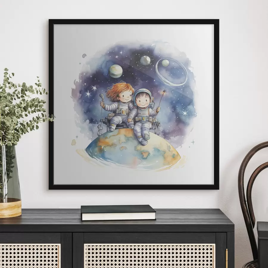 Papier peint photo Des enfants en combinaison spatiale assis sur une planète dans l'espace illustration aquarelle pour enfants f39117