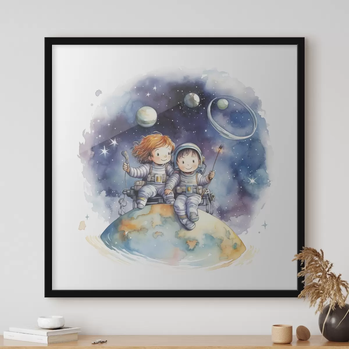 Affiche Des enfants en combinaison spatiale assis sur une planète dans l'espace illustration aquarelle pour enfants f39117