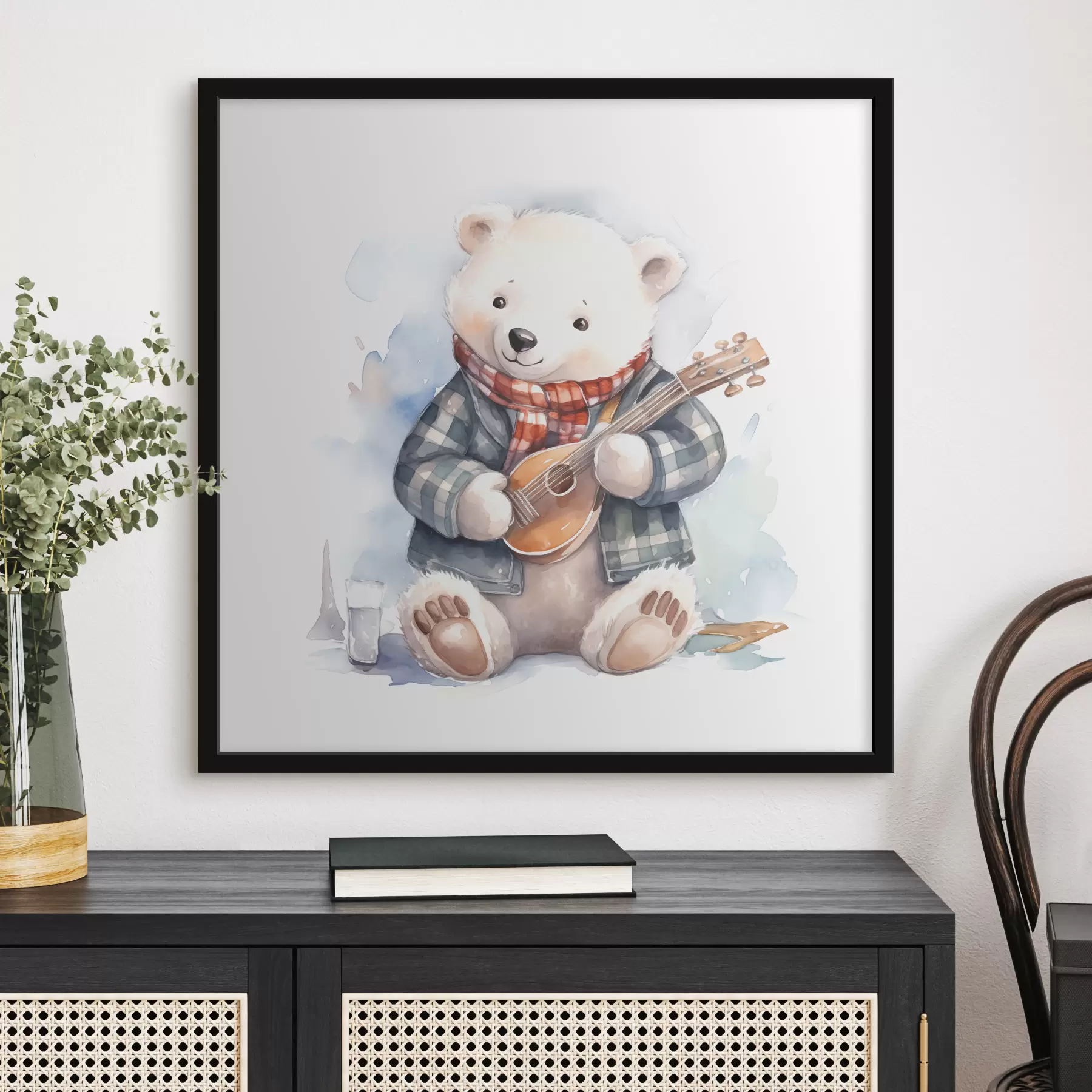 Papier peint photo L'ours polaire musicien en costume bleu à carreaux et écharpe rouge joue de la guitare illustration aquarelle pour enfants f39120