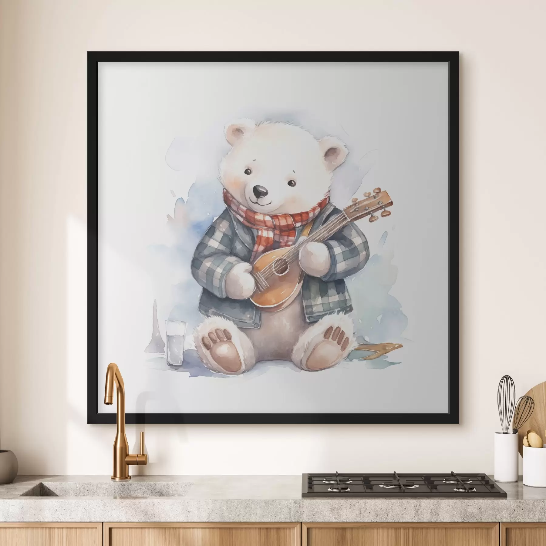 Fotobehang IJsbeer muzikant in een blauw geruit pak en rode sjaal speelt gitaar aquarel illustratie voor kinderen f39120