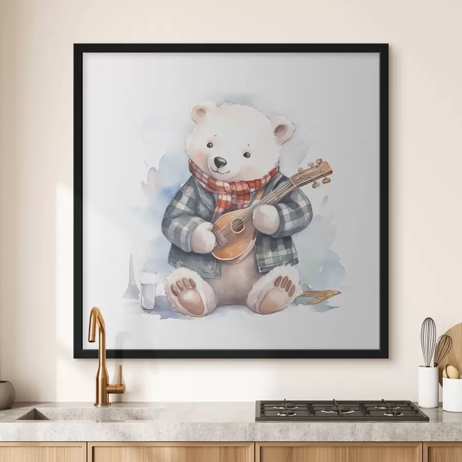 Papier peint photo L'ours polaire musicien en costume bleu à carreaux et écharpe rouge joue de la guitare illustration aquarelle pour enfants f39120