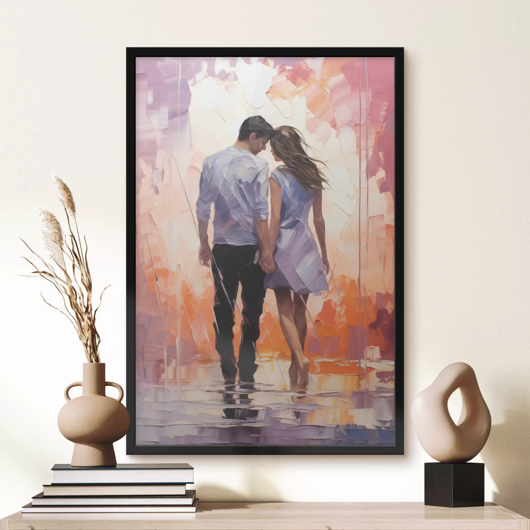  Schilderijen Silhouet van een verliefd stel abstract schilderij, meisje en jongen, roze, oranje, paarse, zwarte kleur f39124