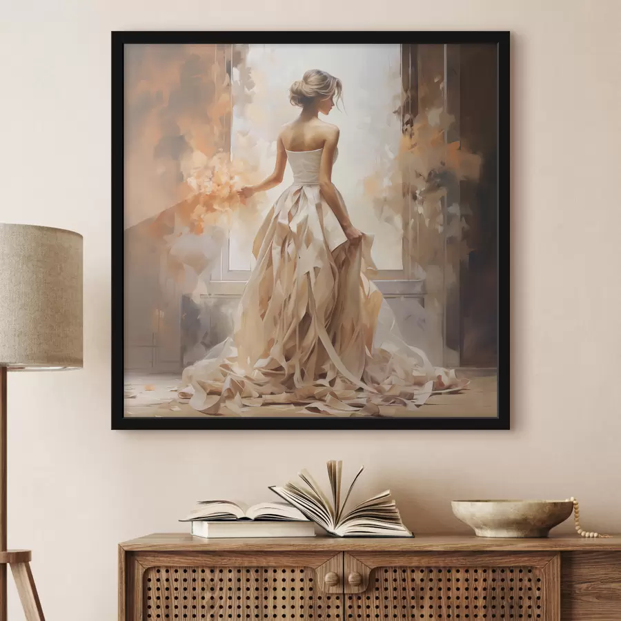 Fotobehang Een meisje in een witte trouwjurk staat bij het raam tussen het vuur en schildert met de hand f39125