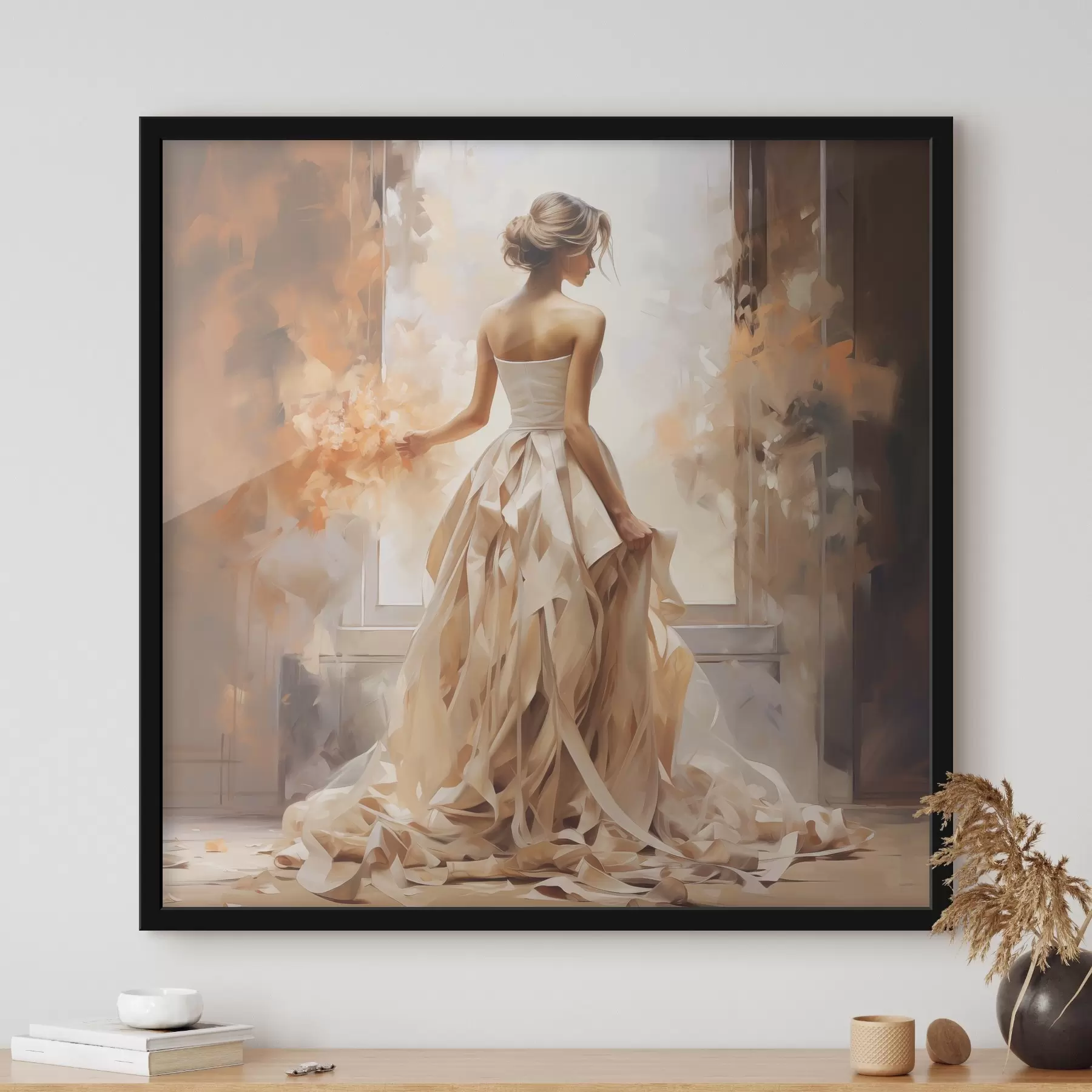 Papier peint photo Une jeune fille en robe de mariée blanche se tient près de la fenêtre, au milieu du feu, et peint à la main f39125