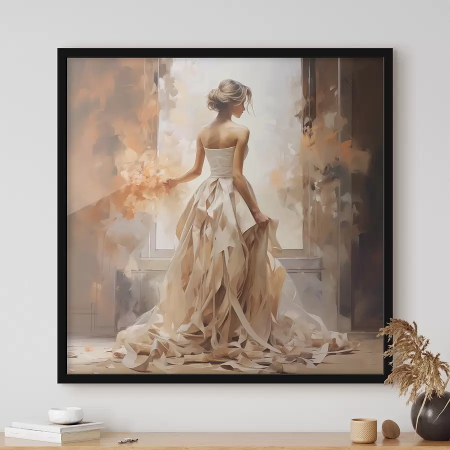  Schilderijen Een meisje in een witte trouwjurk staat bij het raam tussen het vuur en schildert met de hand f39125