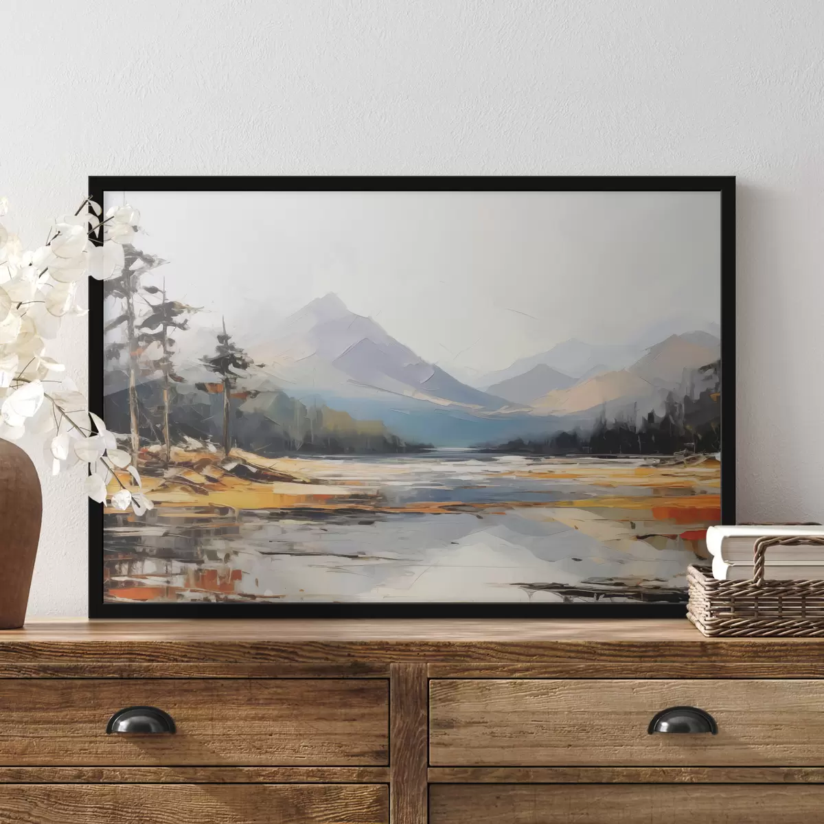 Affiche Chaînes de montagnes dans la peinture à l'huile de la vallée, paysage, nature, bleu, couleur jaune blanc f39128