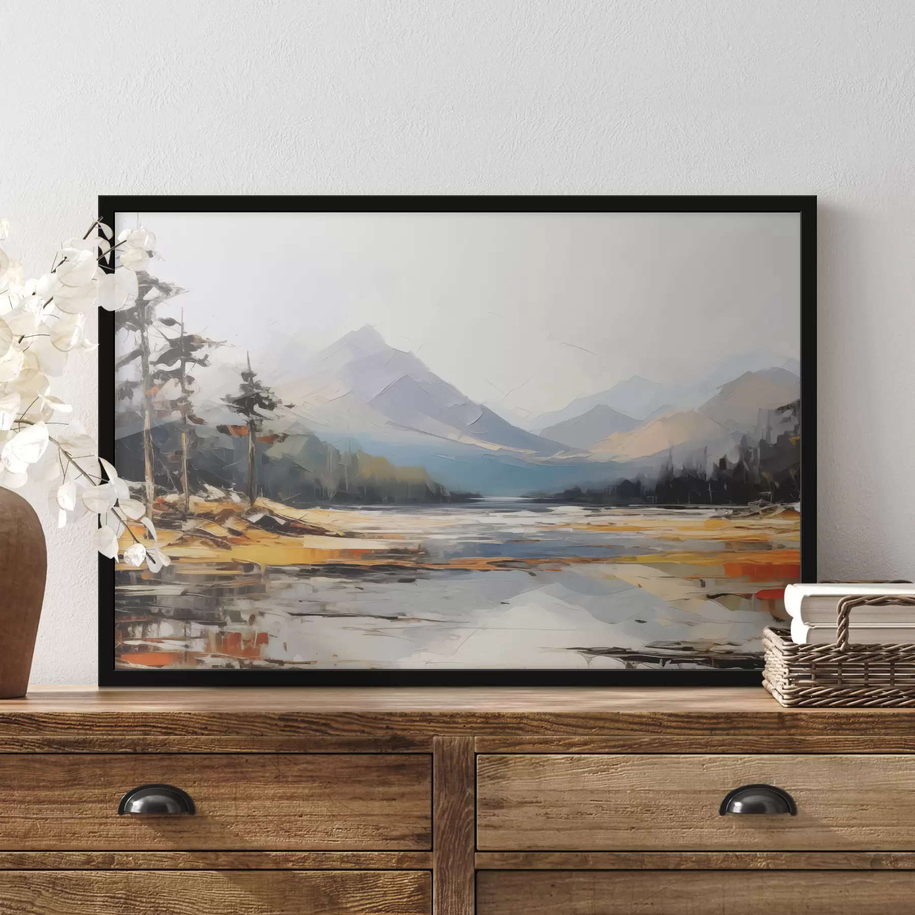 Fotobehang Bergketens in de vallei olieverfschilderij, landschap, natuur, blauw, wit gele kleur f39128